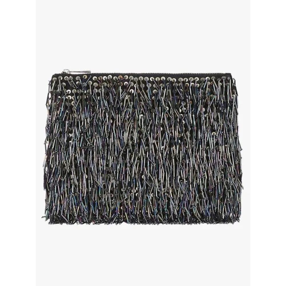 Topshop Beaded Fringe Clutch Multicolor Metallic Evening Zip Bag Chic - Picture 7 of 7